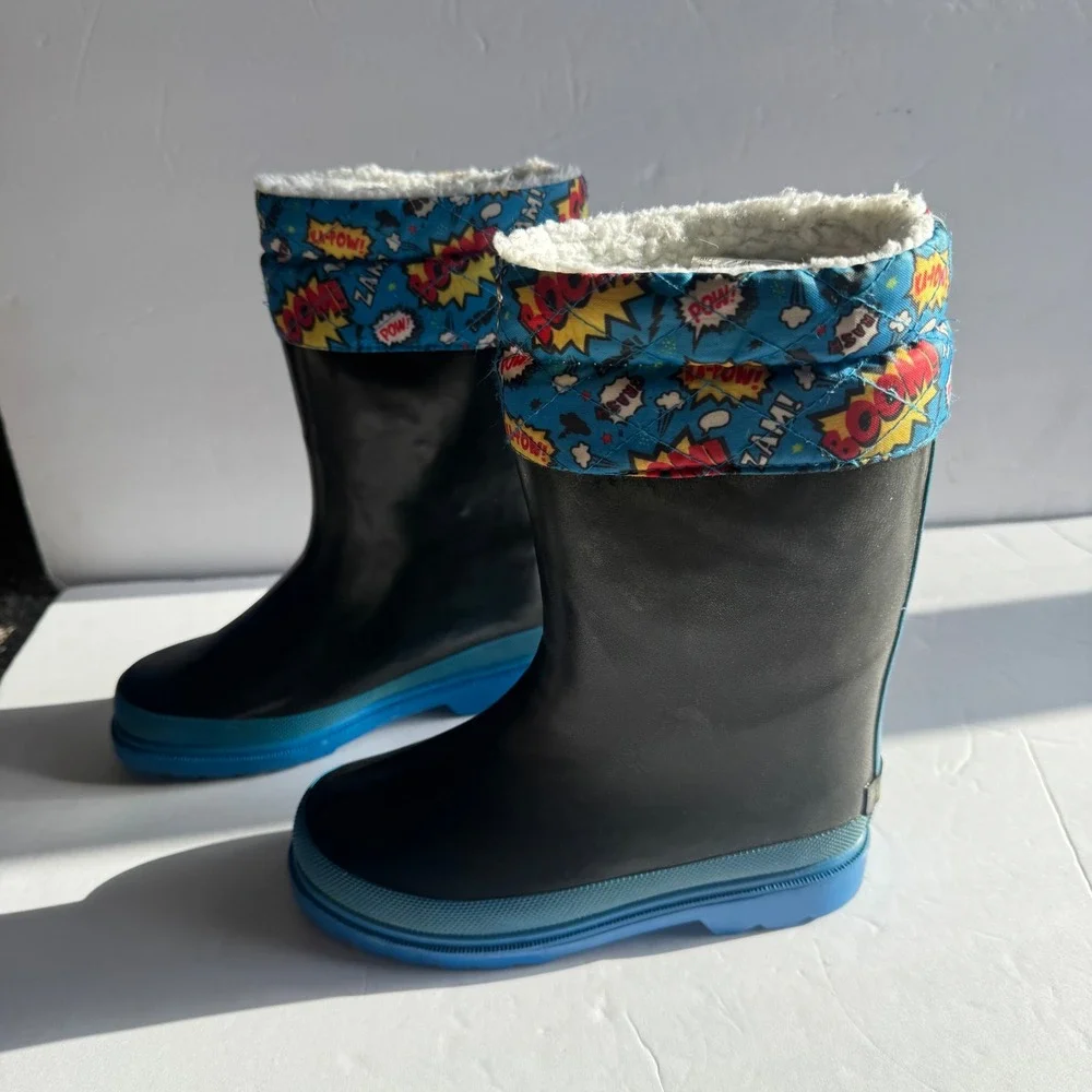 Lily & Dan Kids Comic Book Print Faux Shearling Lined Rain Boots Black Blue 13/1